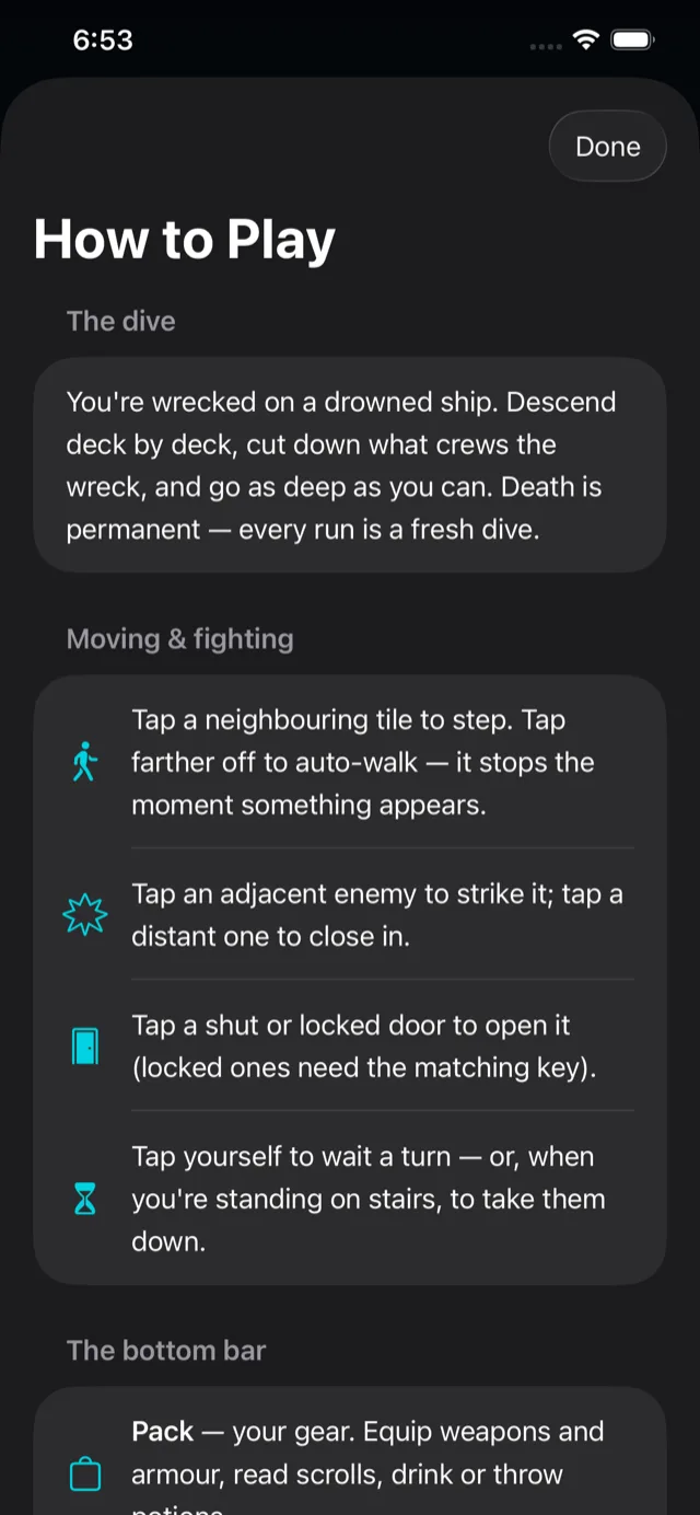 The in-game How to Play screen explaining movement and combat.