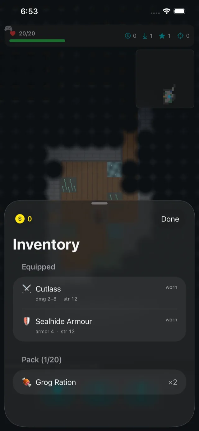 Inventory sheet showing an equipped cutlass and sealhide armour, plus grog rations in the pack.