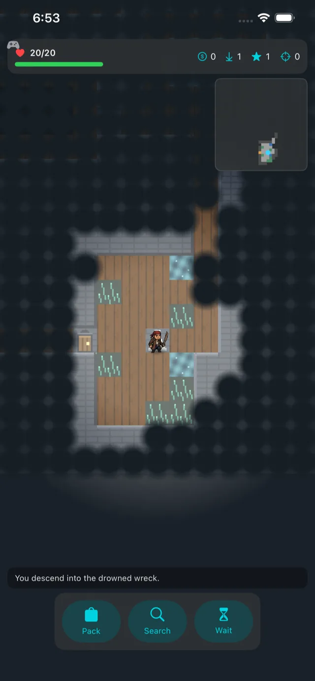 Gameplay: the hero stands in a lantern-lit timber room, the rest of the deck lost in darkness.